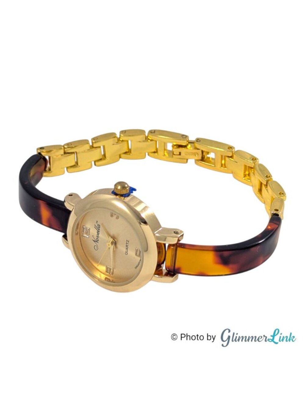Vintage Novella Bracelet Watch Brown Resin Gold Tone Quartz 6 1/2" - Picture 4 of 12
